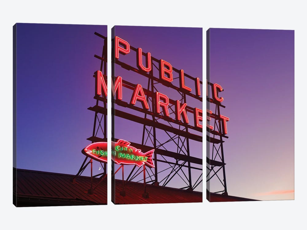 Pike Place Market Neon Signs At Dawn, Seattle by George Oze 3-piece Canvas Wall Art