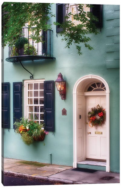 Entrance of a Pastel Colored Historic House in Charleston, South Carolina Canvas Art Print - House Art