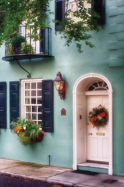 South Carolina: Entrance of a Pastel Colored Historic House in Charleston, South Carolina by George Oze