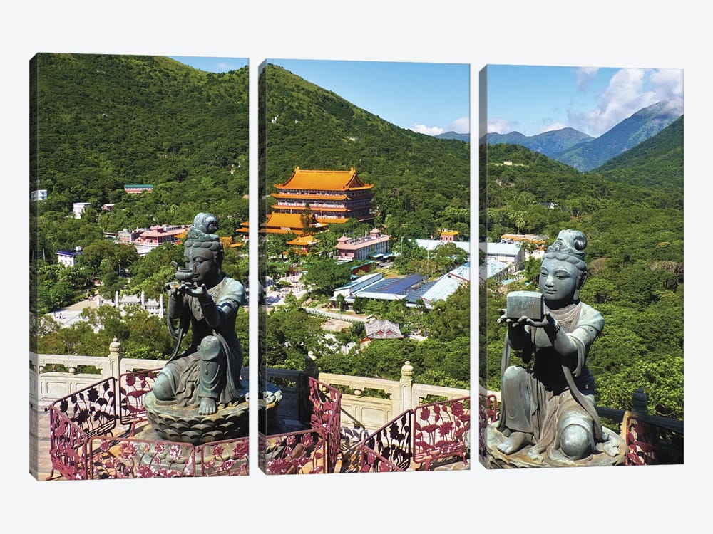 Two Of The Six Deva Statues Offering Gifts To The Tian Tan Buddha, Lantau Island, Hong Kong by George Oze 3-piece Canvas Print