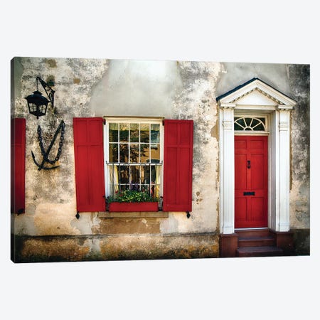 Entrance View of a Historic House in Charleston, with Bright Red Door and Window Shutters, Charleston, South Carolina  Canvas Print #GOZ74} by George Oze Canvas Print