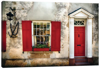 Entrance View of a Historic House in Charleston, with Bright Red Door and Window Shutters, Charleston, South Carolina  Canvas Art Print - George Oze