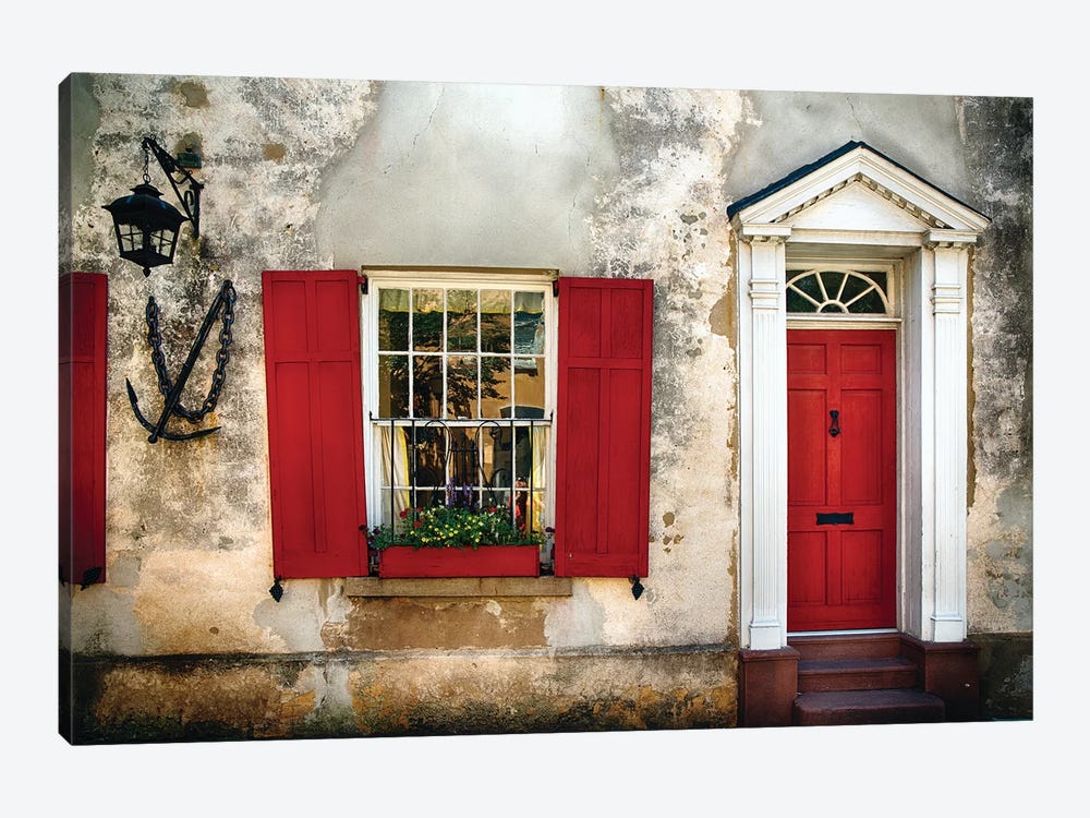 Entrance View of a Historic House in Charleston, with Bright Red Door and Window Shutters, Charleston, South Carolina  by George Oze 1-piece Canvas Art