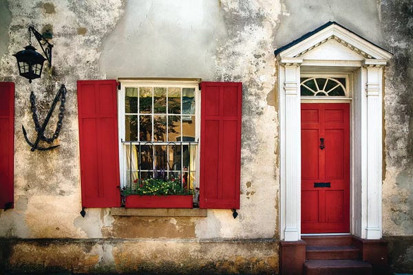 George Oze: Entrance View of a Historic House in Charleston, with Bright Red Door and Window Shutters, Charleston, South Carolina  by George Oze