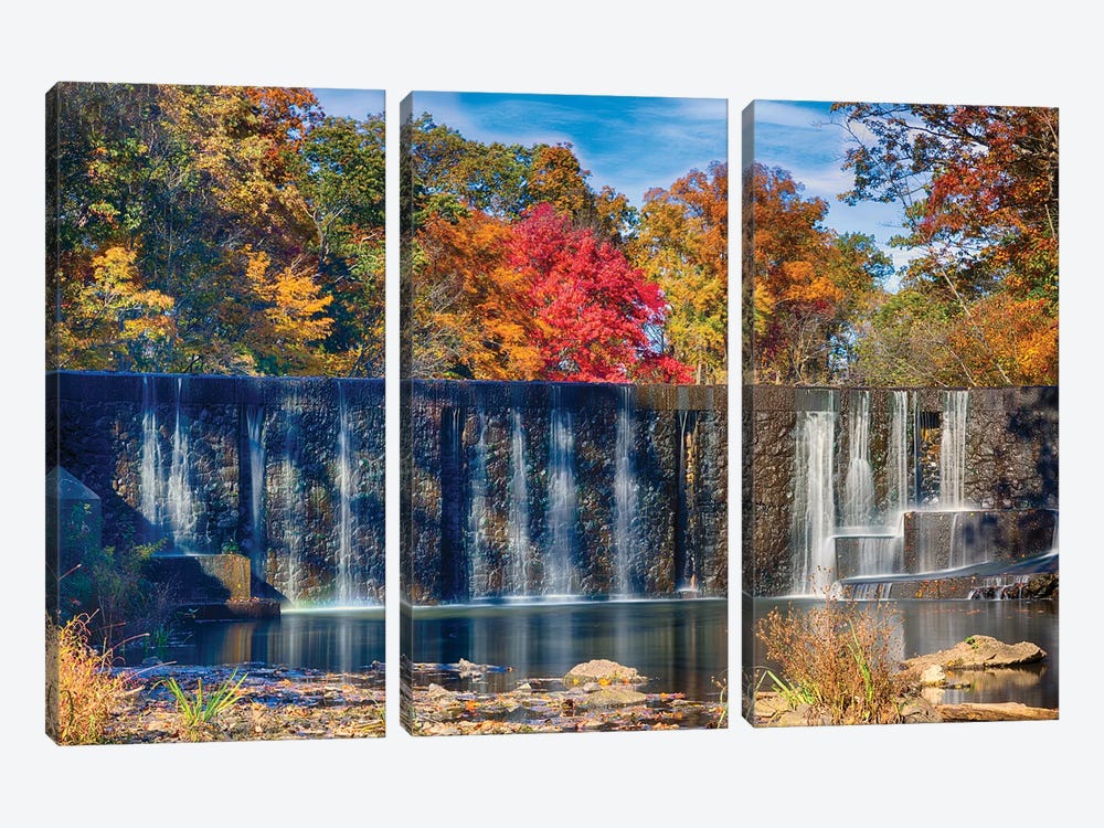 Autumn Scenic View Of The Seeley's Pond Waterfall, Watchung, Union County, New Jersey by George Oze 3-piece Canvas Artwork
