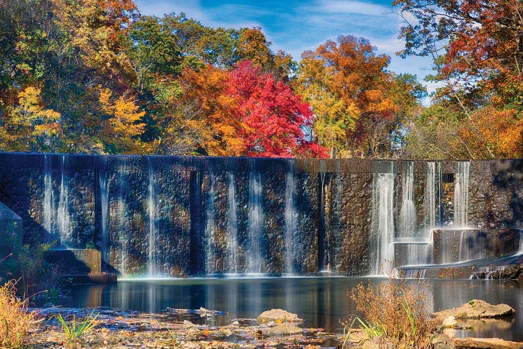 Autumn Scenic View Of The Seeley's Pond Waterfall, Watchung, Union County, New Jersey