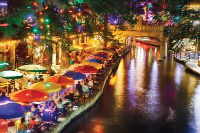 Riverwalk At Night At Café Rio, San Antonio, Texas, Usa by George Oze art print