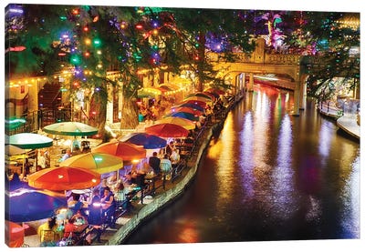 Riverwalk At Night At Café Rio, San Antonio, Texas, Usa Canvas Art Print - George Oze