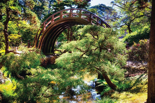 Japanese Culture: Moon Bridge Over A Small Creek In A Japanese Garden, San Francisco, California by George Oze
