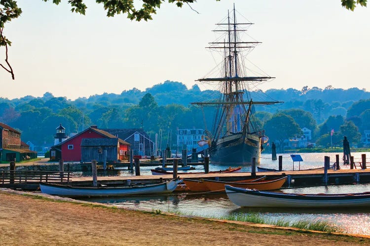 Scenic View Of The Historic Mystic Seaport With The Joseph Conrad Tall Ship, Connecticut