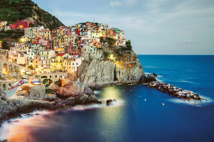 Cinque Terre Town Manarola At Dusk, Liguria, Italy