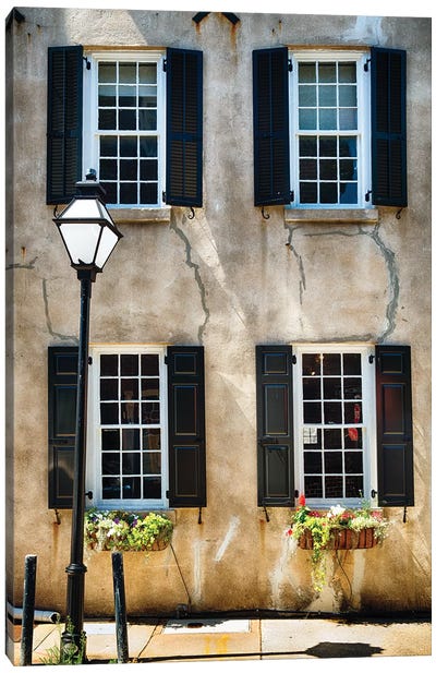 Frontal View of a Historic Home with Windows, Charleston, South Carolina Canvas Art Print - South Carolina