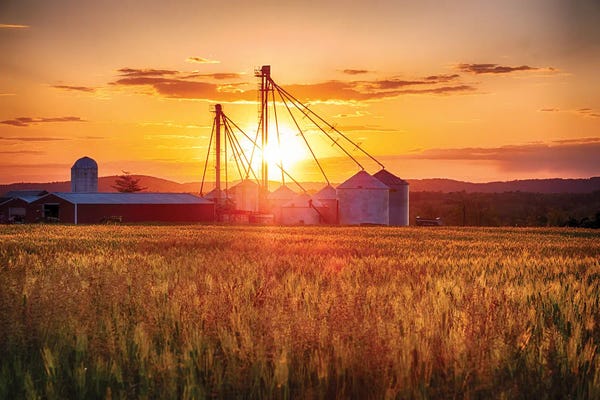 New Jersey: Farm With Grain Silos At Sunset, Hunterdon County, New Jersey by George Oze