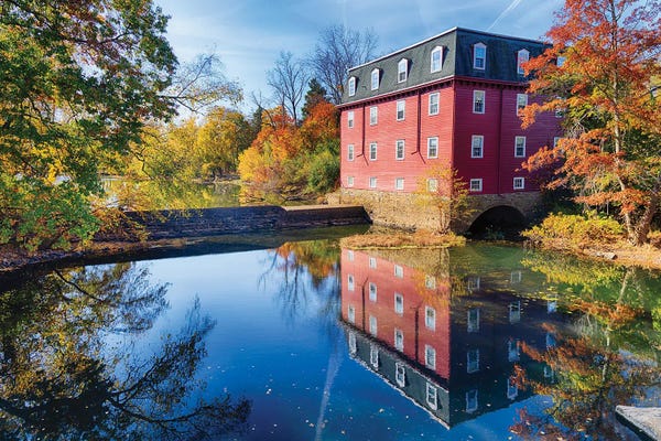 George Oze: Autumn Landscape With The Kingston Gristmill At The Lake Carnegie Dam, New Jersey by George Oze