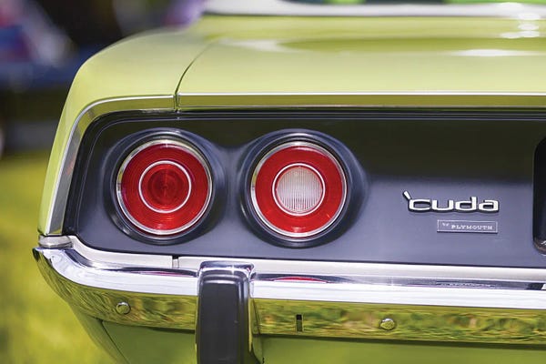 Round Tail Lights And Shiny Chrome Bumper Of A Plymouth 1971 Barracuda Muscle Car