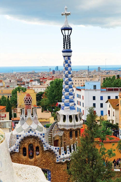 High Angle View Of The Gatehouse With White And Blue Tower, Park Guell, Barcelona, Catalonia, Spain