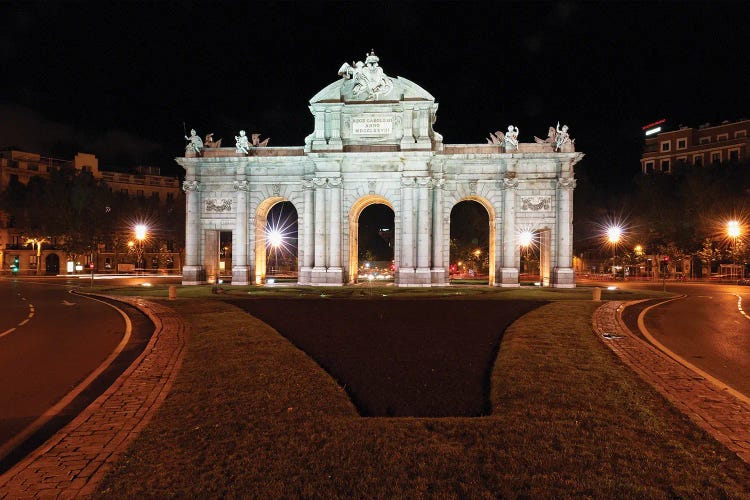 Alcala Gate (Puerta De Alcalá) At Night, Independence Square, Madrid, Spain by George Oze canvas print
