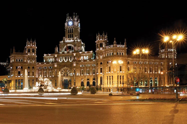 Low Angle Night View Of The Cibeles Palace And Fountain, Plaza De Cibeles, Madrid, Spain
