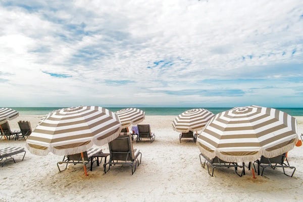 Cowboys & Cowgirls: Beach Umbrellas And Lounge Chairs On A Florida Beach, Marco Island by George Oze