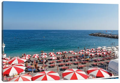 High Angle View of a Beach with Rows of Beach Umbrellas and chairs, Amalfi, Campania, Italy Canvas Art Print - Amalfi Art