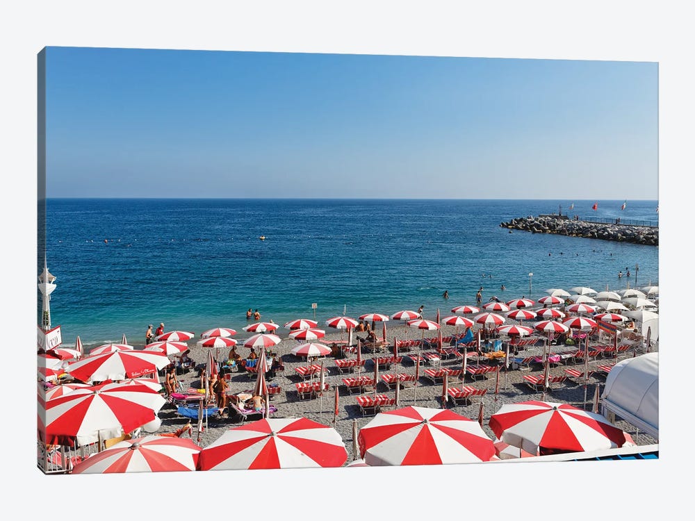 High Angle View of a Beach with Rows of Beach Umbrellas and chairs, Amalfi, Campania, Italy by George Oze 1-piece Canvas Art