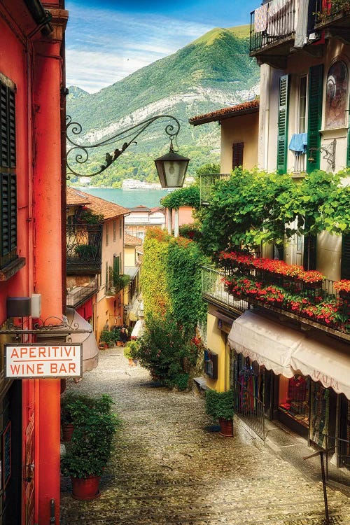 High Angle View of a Narrow Street with Balconies and Shops, Bellagio, Lake Como, Lombardy, Italy