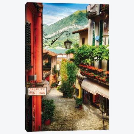 High Angle View of a Narrow Street with Balconies and Shops, Bellagio, Lake Como, Lombardy, Italy Canvas Print #GOZ96} by George Oze Canvas Print