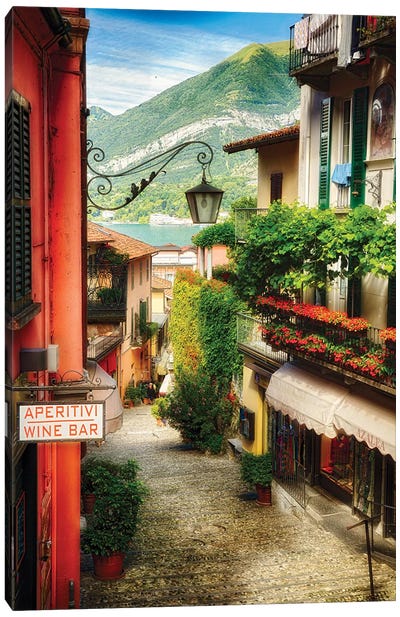 High Angle View of a Narrow Street with Balconies and Shops, Bellagio, Lake Como, Lombardy, Italy Canvas Art Print