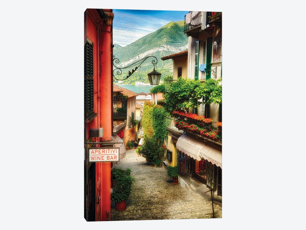 High Angle View of a Narrow Street with Balconies and Shops, Bellagio, Lake Como, Lombardy, Italy by George Oze 1-piece Canvas Artwork