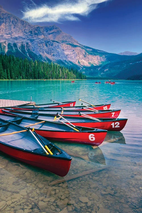 Canoes At A Dock, Emerald Lake, British Columbia, Canada