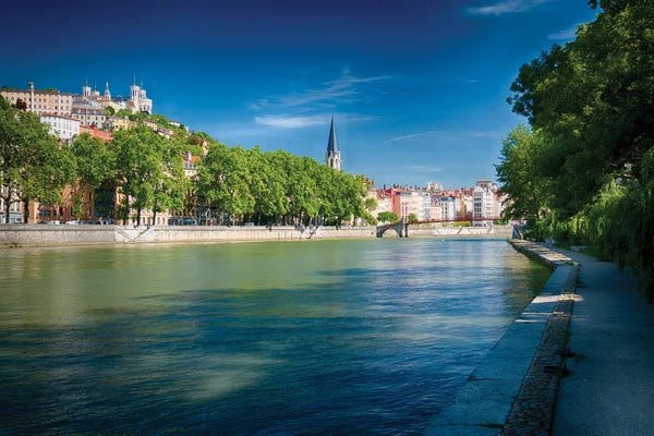 George Oze: Old Lyon Viewed From The Saone River Walkway, France by George Oze
