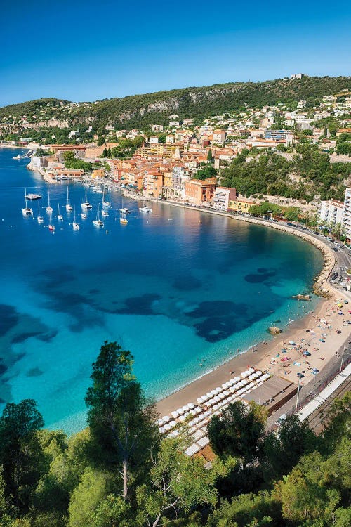 Aerial View Of A Bay With Turquoise Waters And A Hillside Town, Villefranche-Sur-Mer, French Riviera, France