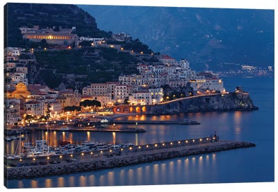 High Angle View of Amalfi at Night, Campania, Italy Canvas Art Print - Coastline Art