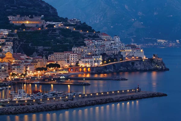 Coastal Villages & Towns: High Angle View of Amalfi at Night, Campania, Italy by George Oze