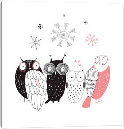 Owl Line-Up Canvas Art Print - Nordic Simplicity