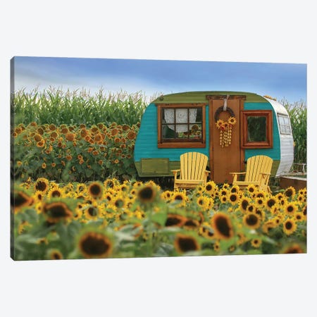 Vintage Camper and Sunflowers II Canvas Print #GPO25} by Carrie Ann Grippo-Pike Canvas Wall Art
