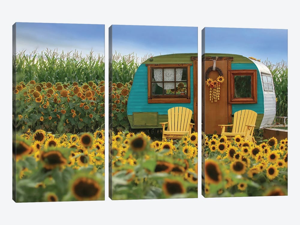Vintage Camper and Sunflowers II by Carrie Ann Grippo-Pike 3-piece Canvas Artwork