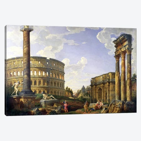 Roman Capriccio (Ruins With Colosseum)  Canvas Print #GPP7} by Giovanni Paolo Panini Canvas Wall Art