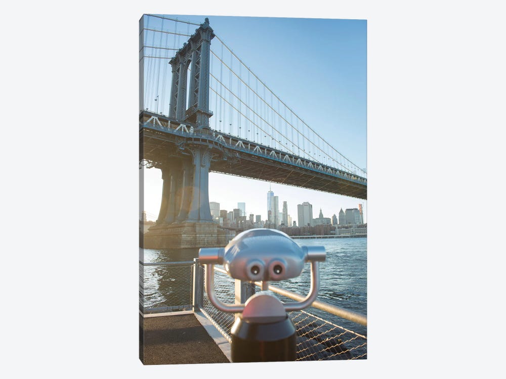 Binoculars facing the Manhattan Bridge, Brooklyn Bridge Park, New York City, New York by Greg Probst 1-piece Canvas Art Print