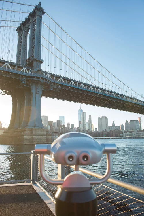 Binoculars facing the Manhattan Bridge, Brooklyn Bridge Park, New York City, New York by Greg Probst wall art