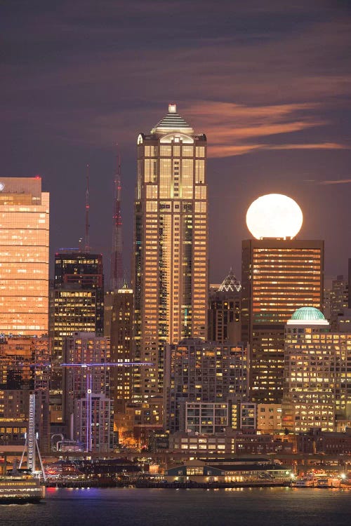 Moonrise behind the downtown Seattle skyline, Seattle, WA