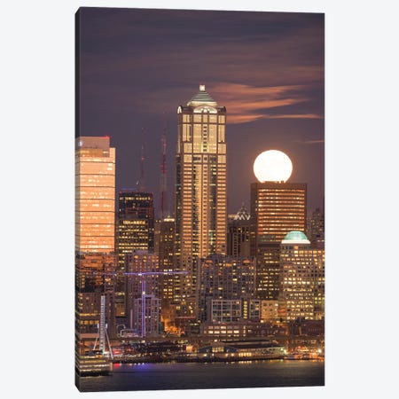 Moonrise behind the downtown Seattle skyline, Seattle, WA Canvas Print #GPR2} by Greg Probst Canvas Print