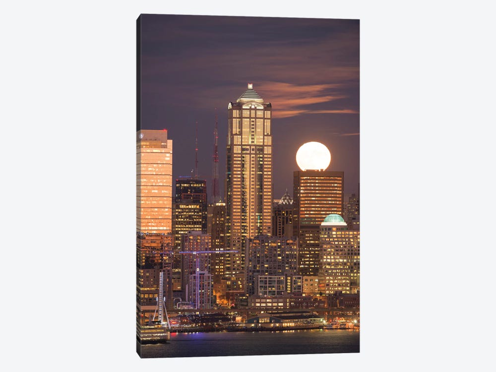 Moonrise behind the downtown Seattle skyline, Seattle, WA by Greg Probst 1-piece Canvas Wall Art