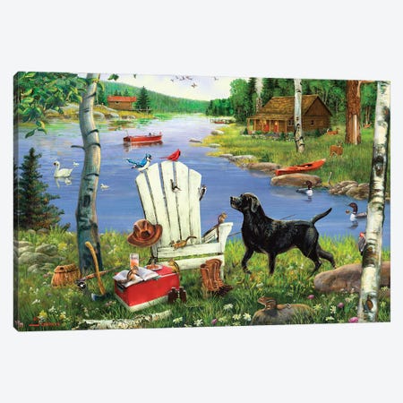 White Adirondack Chair And Dog At Lake Canvas Print #GRC100} by J. Charles Canvas Art