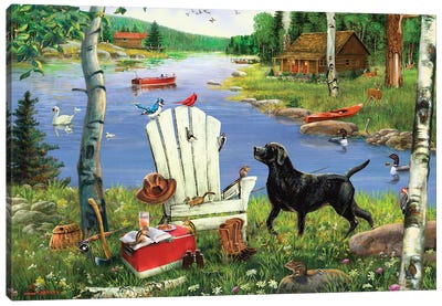 White Adirondack Chair And Dog At Lake Canvas Art Print - J. Charles