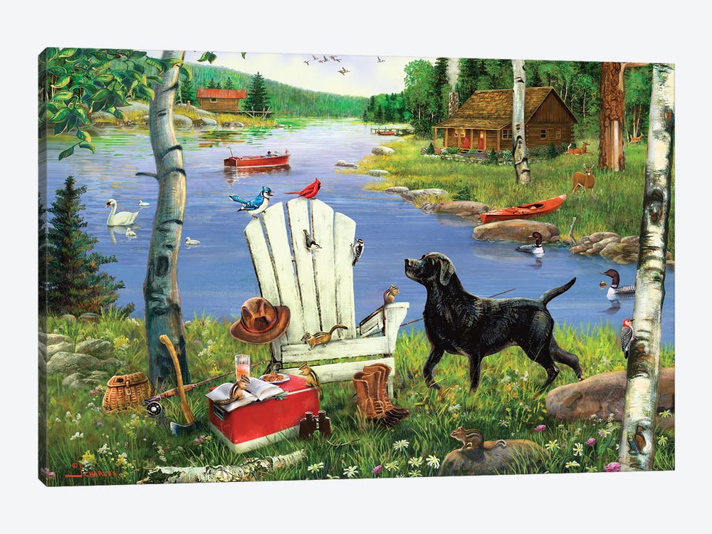 White Adirondack Chair And Dog At Lake by J. Charles 1-piece Canvas Art