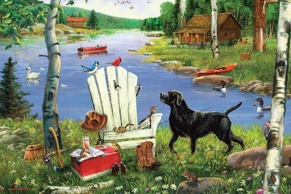 J. Charles: White Adirondack Chair And Dog At Lake by J. Charles