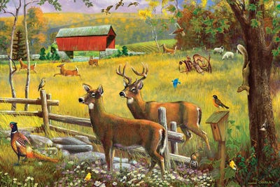 Deer And Covered Bridge by J. Charles framed canvas print