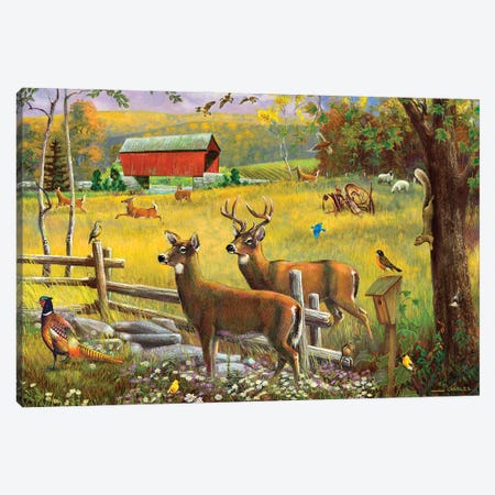 Deer And Covered Bridge Canvas Print #GRC101} by J. Charles Canvas Wall Art