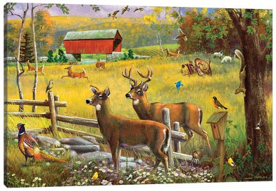 Deer And Covered Bridge Canvas Art Print - J. Charles
